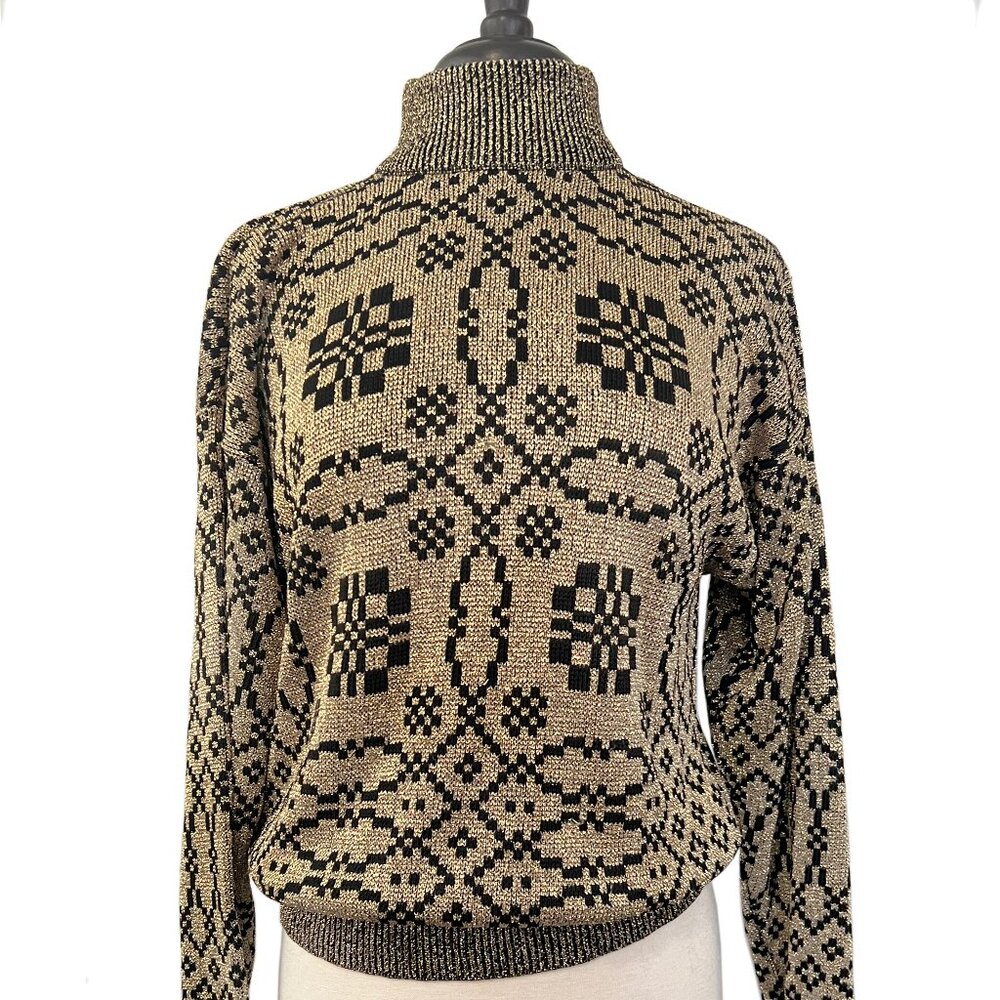 Gold Metallic and Black  Pierre Cardin Geometric Pattern, ribbed mock turtleneck